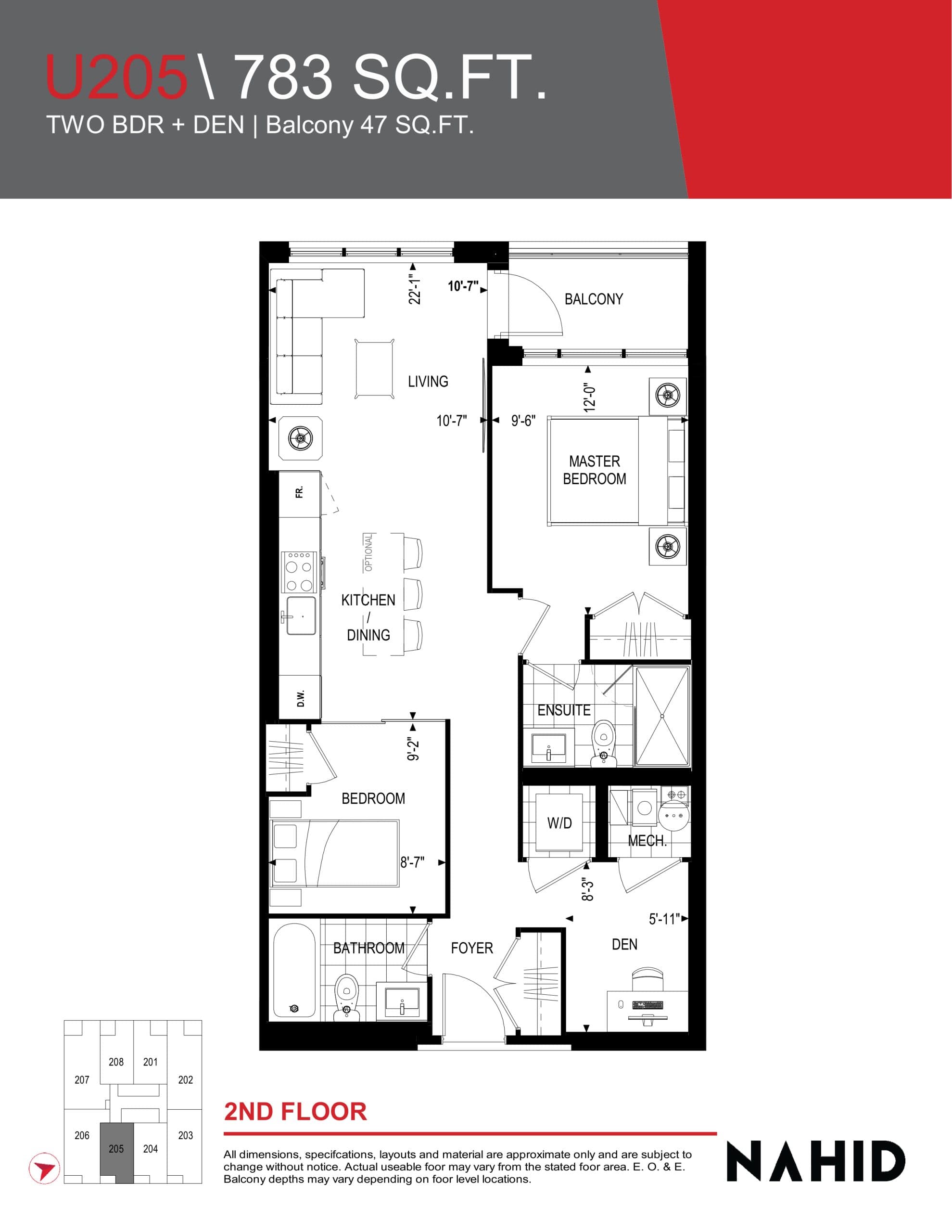U205 Floor Plan at Nahid on Broadview Condos - 783 sq.ft